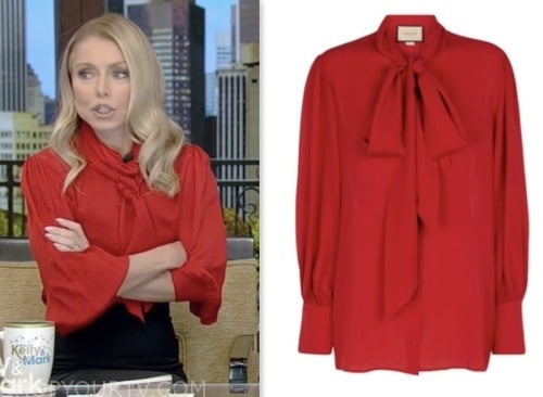 kelly ripa, live with kelly and mark, red tie neck blouse