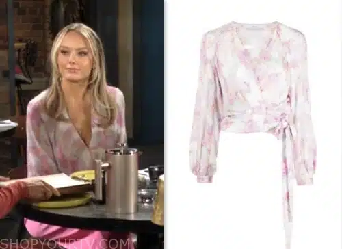 abby newman, melissa ordway, the young and the restless, pink printed wrap blouse