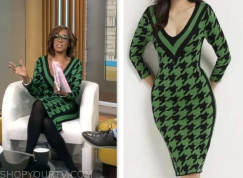 gayle king, cbs mornings, green and black houndstooth dress