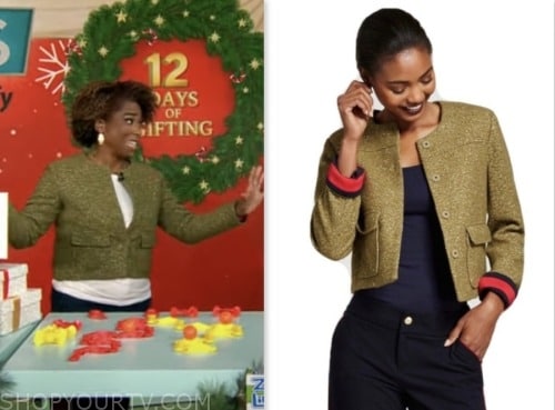 cbs mornings, gayle bass, green glitter metallic jacket