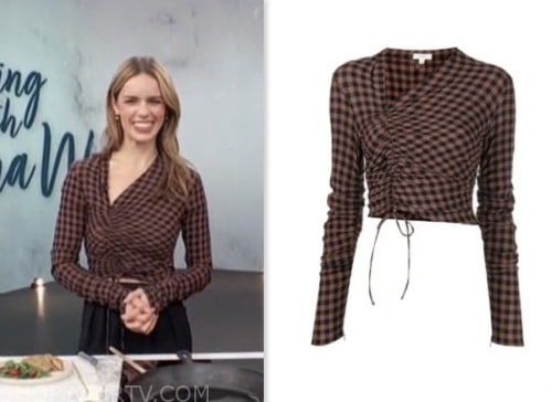 access daily, serena wolf, brown check ruched top