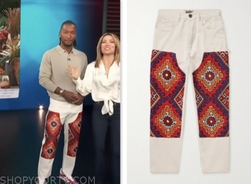 access hollywood, scott evans, white and red panel jeans pants