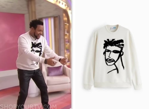 jawn murray, white printed sweater, sherri