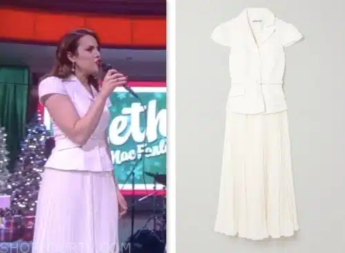 Elizabeth Gillies, the view, white blazer and pleated skirt dress