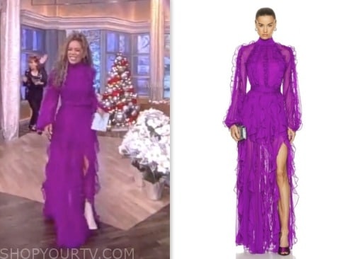 the view, sunny hostin, purple ruffle top and maxi skirt dress