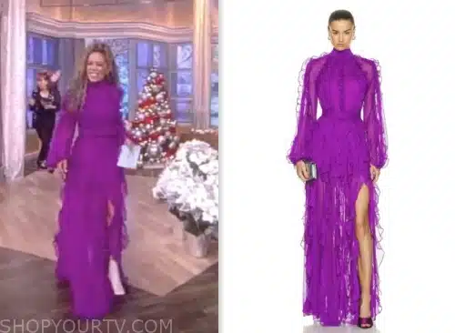 the view, sunny hostin, purple ruffle top and maxi skirt dress
