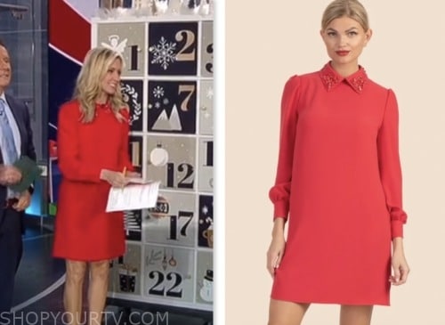 ainsley earhardt, fox and friends ,fox news fashion, red embellished collar dress