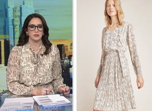 savannah sellers, nbc news daily, beige snakeskin print tie neck dress