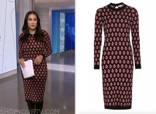 morgan radford, nbc news daily, red and black geometric print knit dress