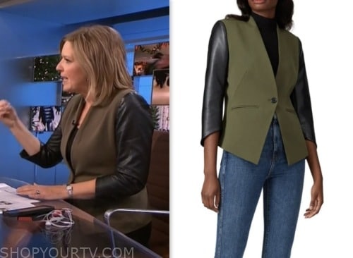 christine romans, nbc news daily, green and black leather sleeve jacket