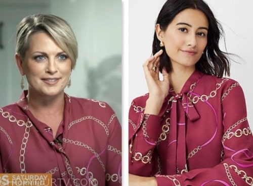 jamie yuccas, cbs mornings, burgundy chain print blouse