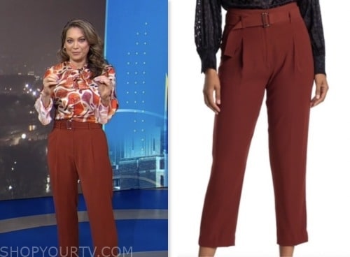 ginger zee, good morning america, red burgundy belted pants