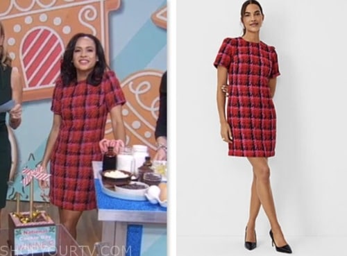 linsey davis, good morning america, red plaid tweed mini dress