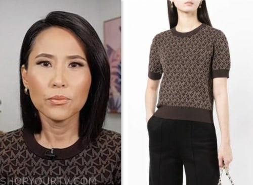 vicky nguyen, nbc news daily, brown printed short sleeve top