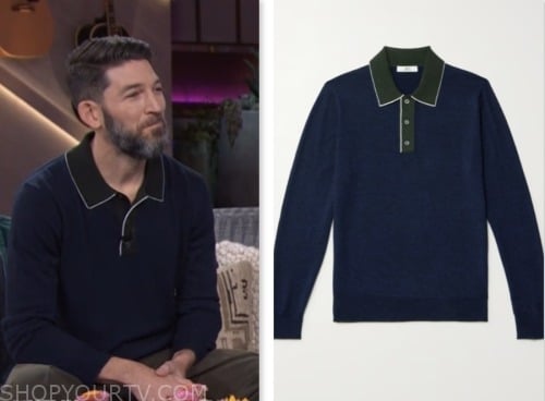 alan stuart, the kelly clarkson show, blue and green knit polo shirt