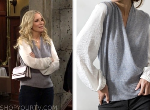 christine blair, lauralee bell, the young and the restless, grey wrap sweater with white sleeves