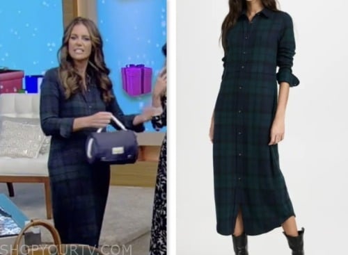 monica mangin, live with kelly and mark, blue and green plaid shirt dress