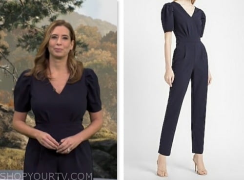 stephanie abrams, cbs mornings, navy blue puff sleeve jumpsuit