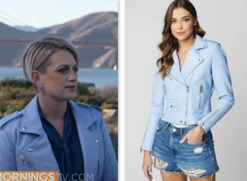 jamie yuccas, cbs mornings, blue leather moto jacket