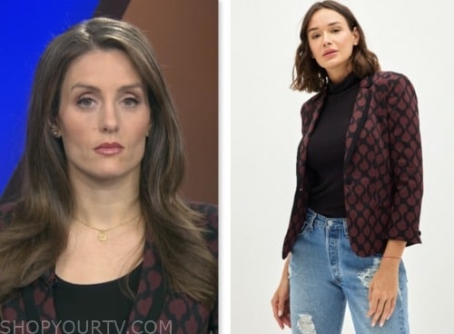 Kristina Partsinevelos, nbc news daily, burgundy printed blazer