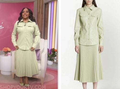 sherri, sherri shepherd, green leather shirt and green leather pleated skirt