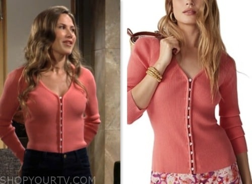the young and the restless, heather stevens, vail bloom, coral cardigan sweater