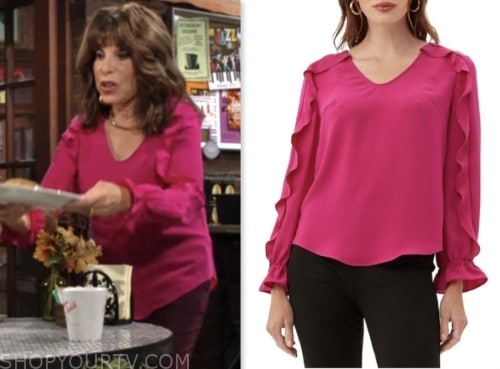 esther valentine, kate linder, the young and the restless, pink ruffle top