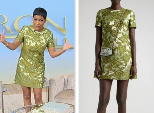 tamron hall show, tamron hall, green floral jacquard mini dress