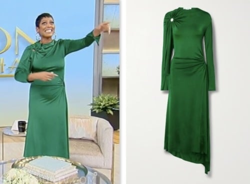 tamron hall show, tamron hall, green asymmetric ring cutout detail dress