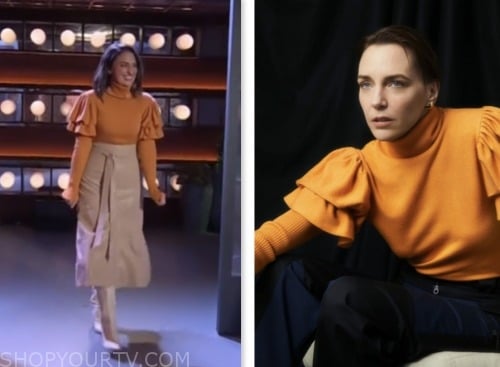 Sara Bareilles, the kelly clarkson show, orange ruffle turtleneck sweater
