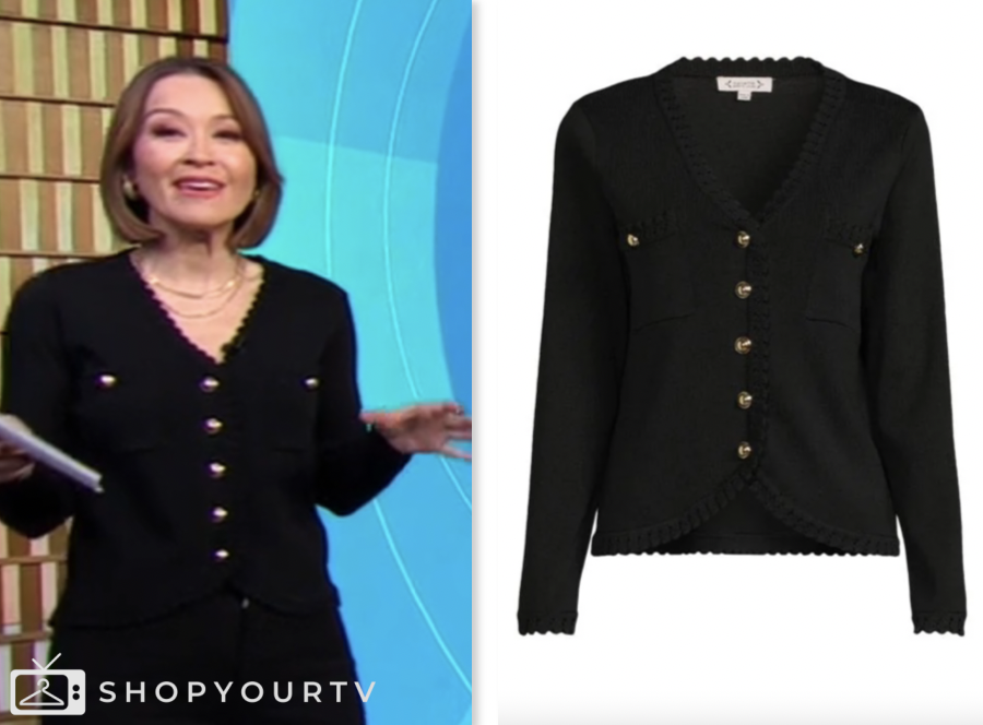 good morning america, eva pilgrim, black scallop cardigan sweater